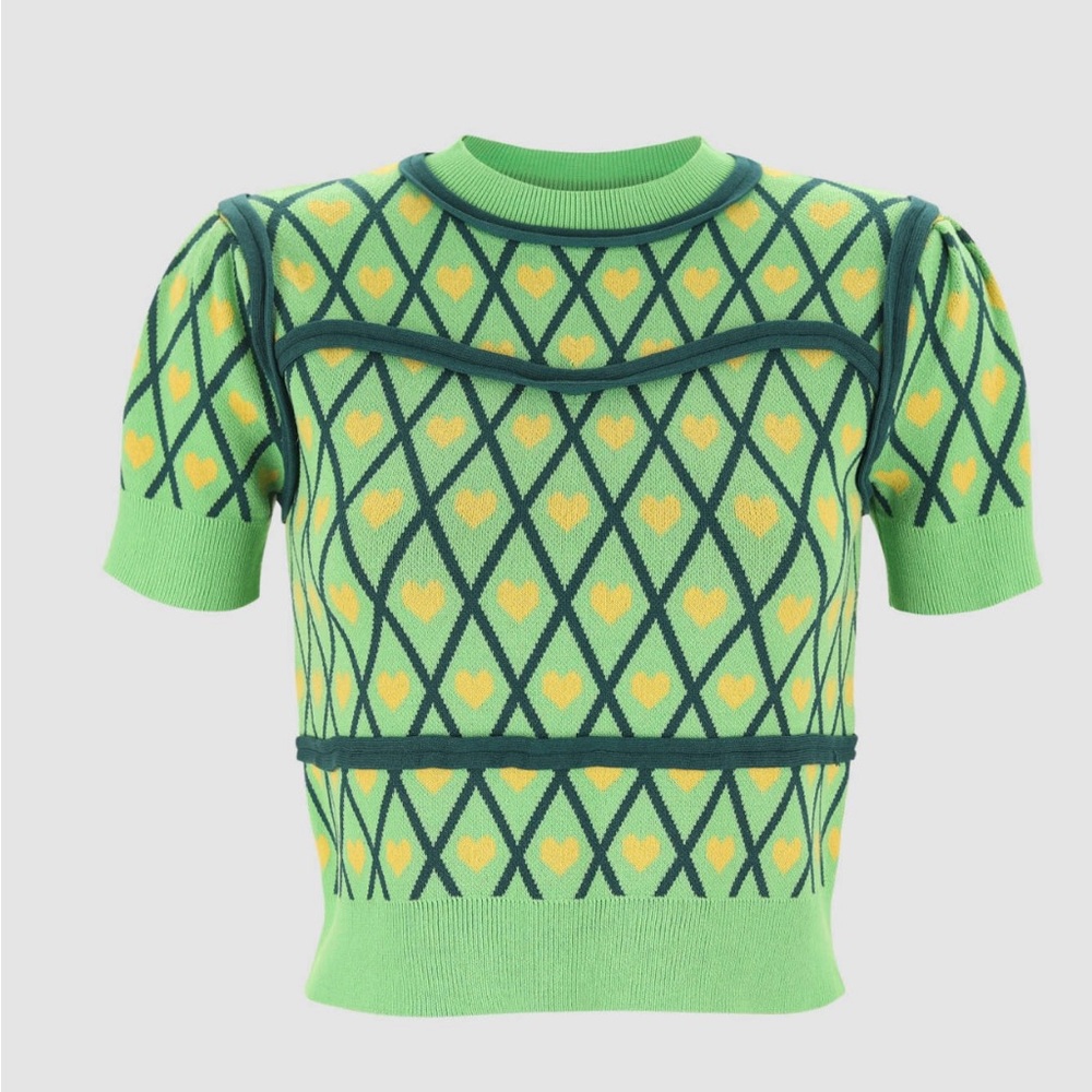 Cider Green and Yellow Heart Pattern Sweater
